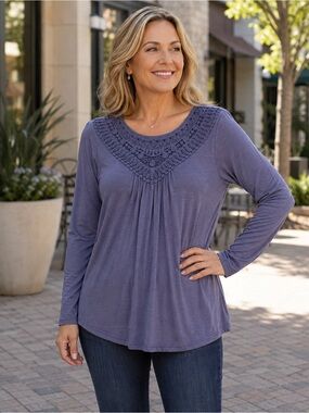 A. JESDANI Top Boho Crochet Lace Yoke Pleated Scoop Neck Long Sleeve Relaxed Fit